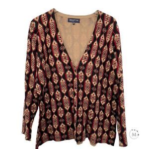 Jones New York Signature XL Cardigan Sweater Geometric Pattern V-neck Lightweigh
